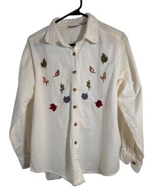 Autumn Leaf Embroidery Off White Button-Up Shirt By Nick & Sarah Sz Large